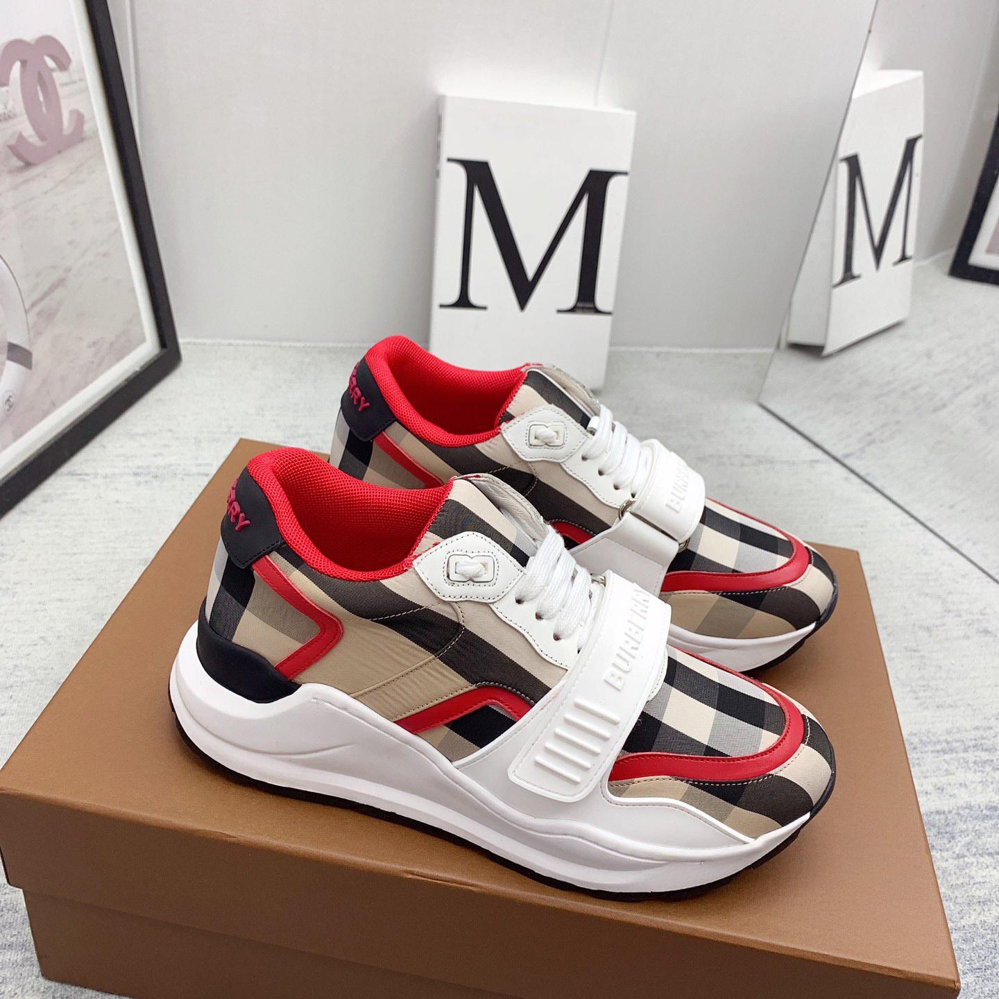 Burberry Check Nylon And Leather Sneakers - FashionPlug