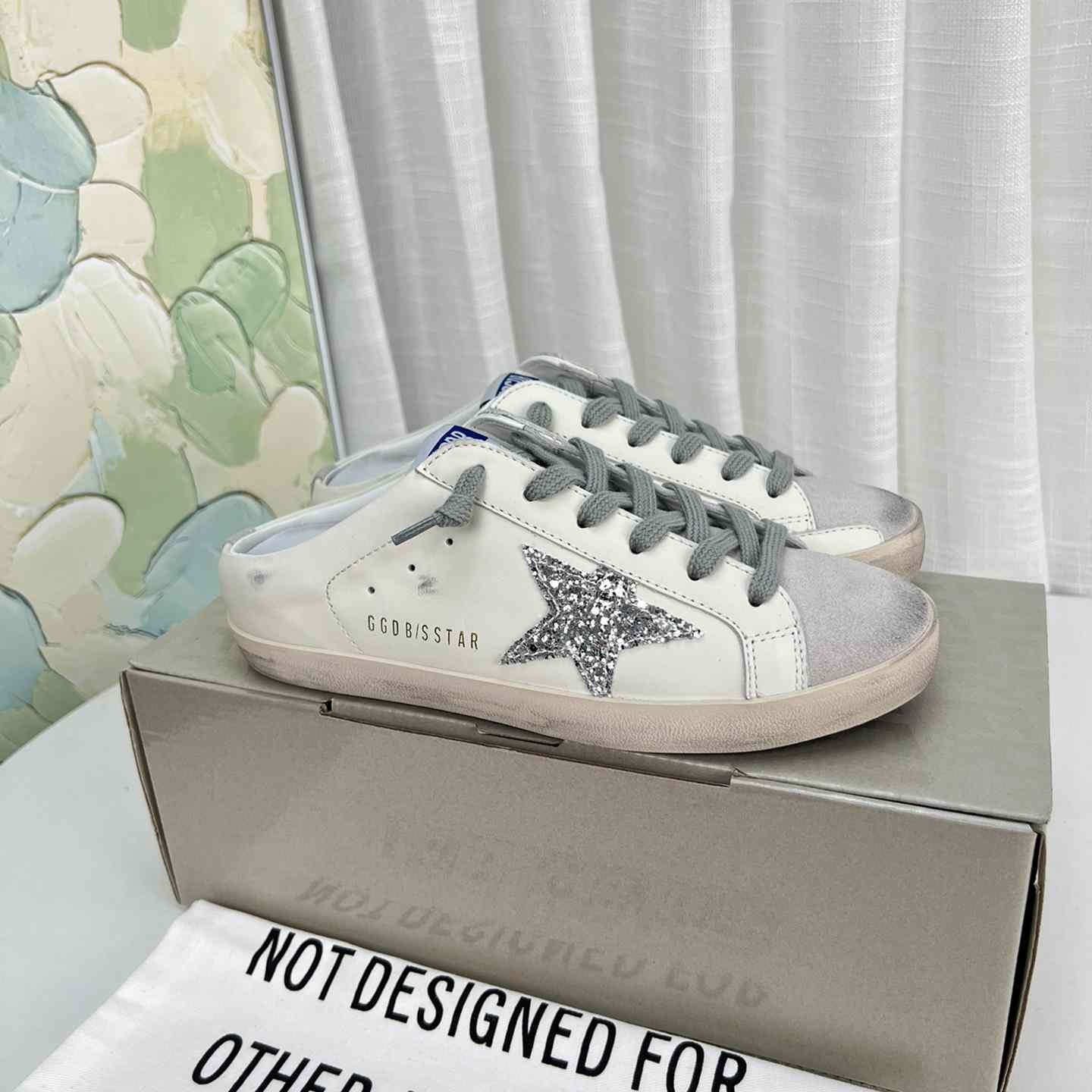 Golden Goose Super-Star Sabots In White Leather And Gray Suede With Silver Glitter Star - FashionPlug