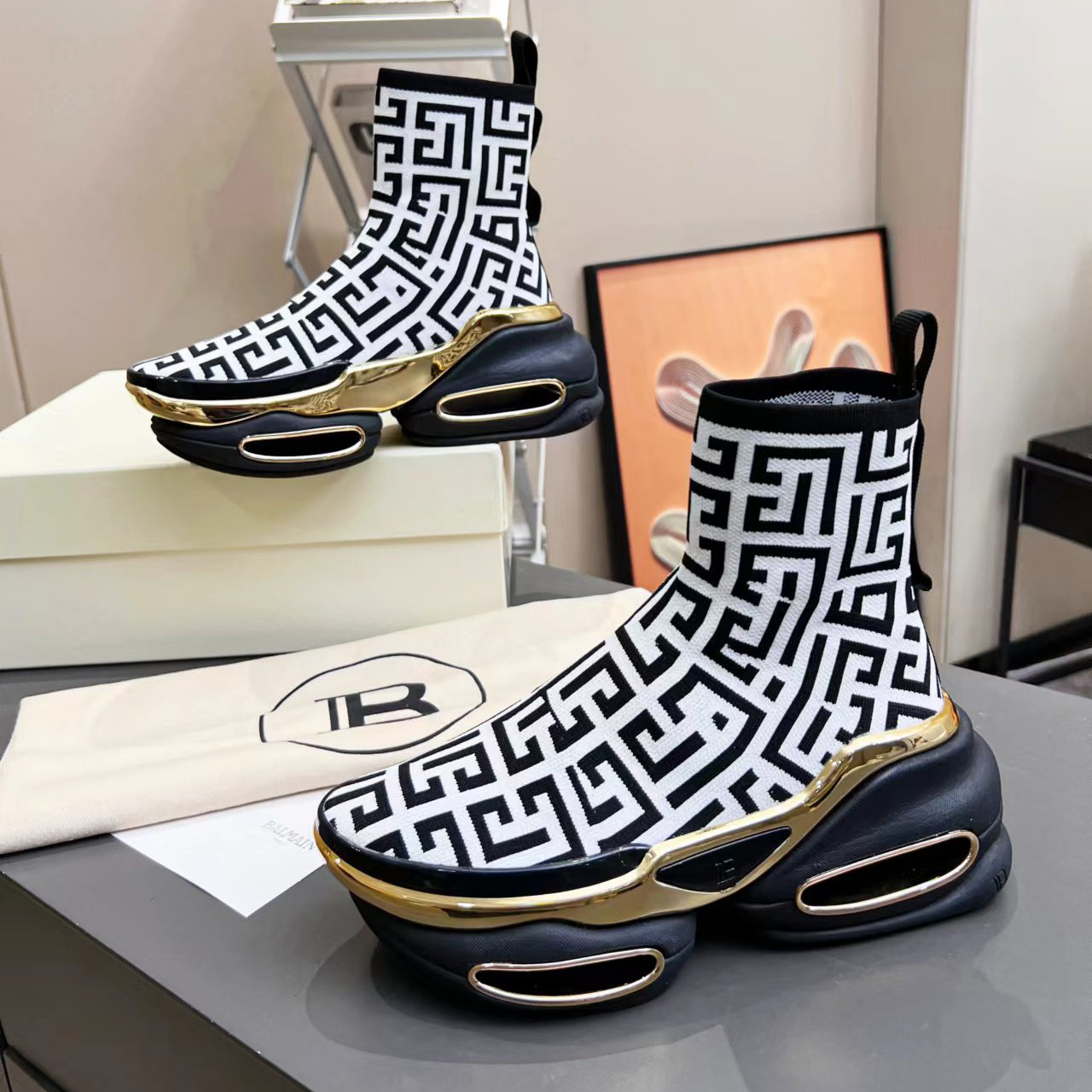 Balmain Kknit And Suede B-Bold High-Top Sneakers - FashionPlug