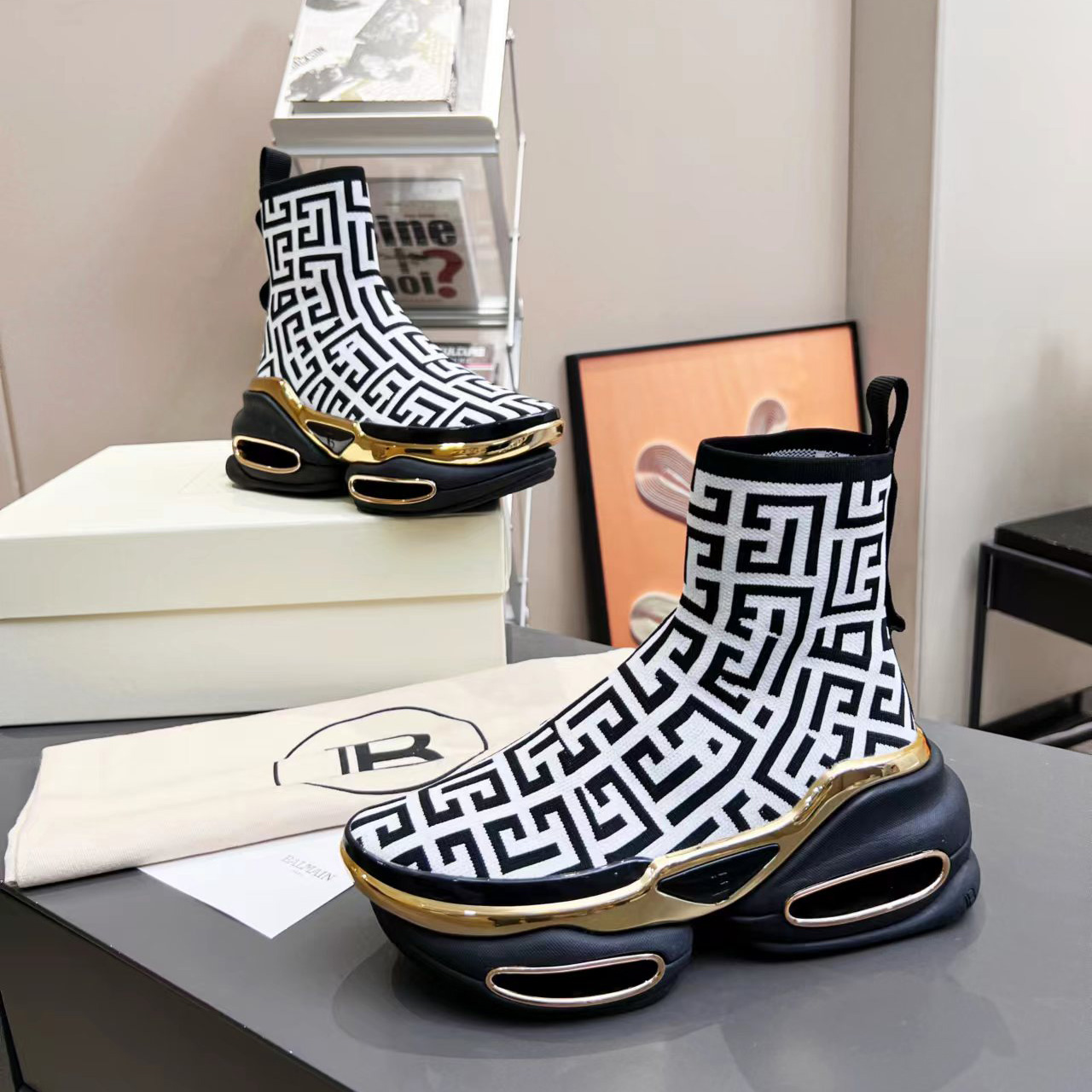 Balmain Kknit And Suede B-Bold High-Top Sneakers - FashionPlug