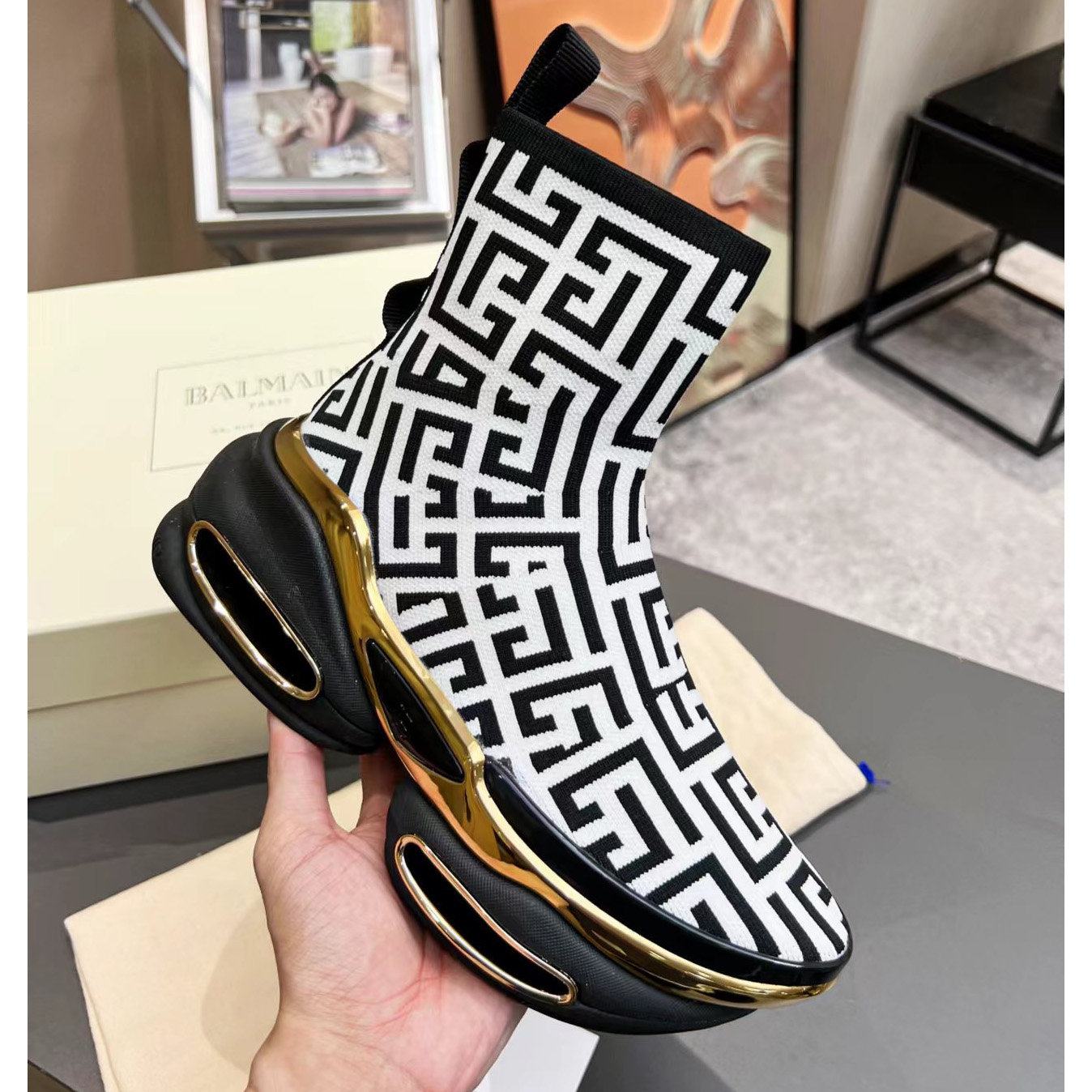 Balmain Kknit And Suede B-Bold High-Top Sneakers - FashionPlug