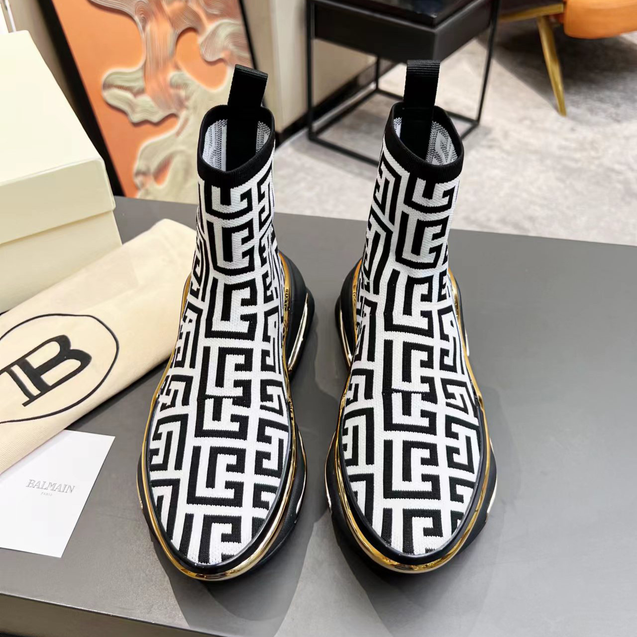 Balmain Kknit And Suede B-Bold High-Top Sneakers - FashionPlug