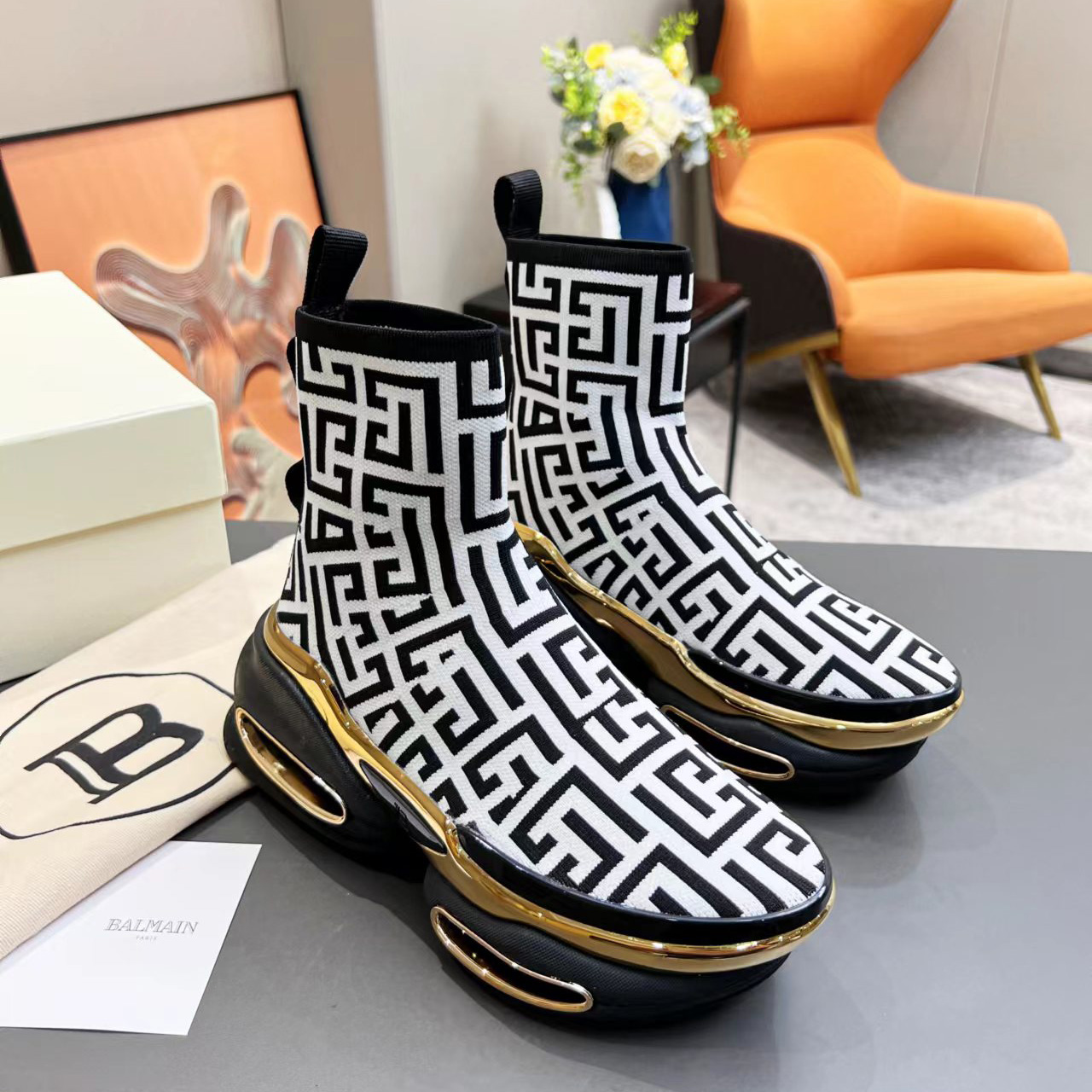 Balmain Kknit And Suede B-Bold High-Top Sneakers - FashionPlug
