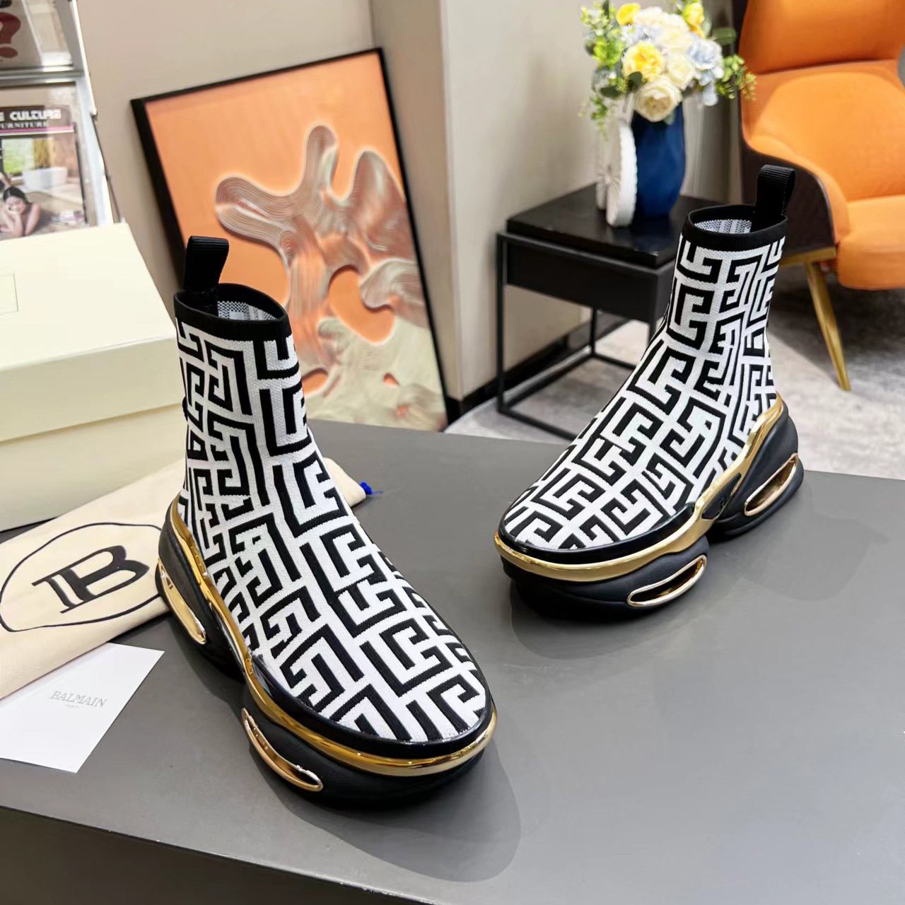 Balmain Kknit And Suede B-Bold High-Top Sneakers - FashionPlug