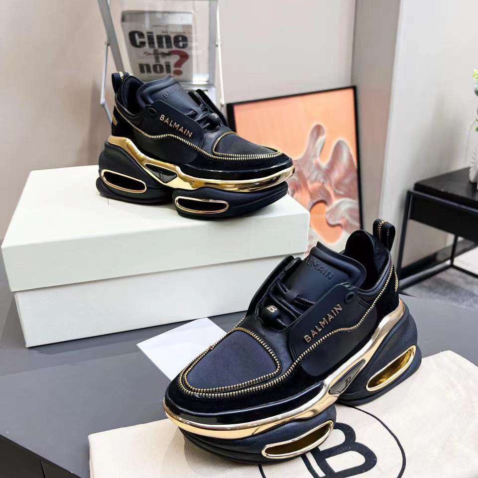 Balmain Leather And Suede B-Bold Low-Top Sneakers - FashionPlug
