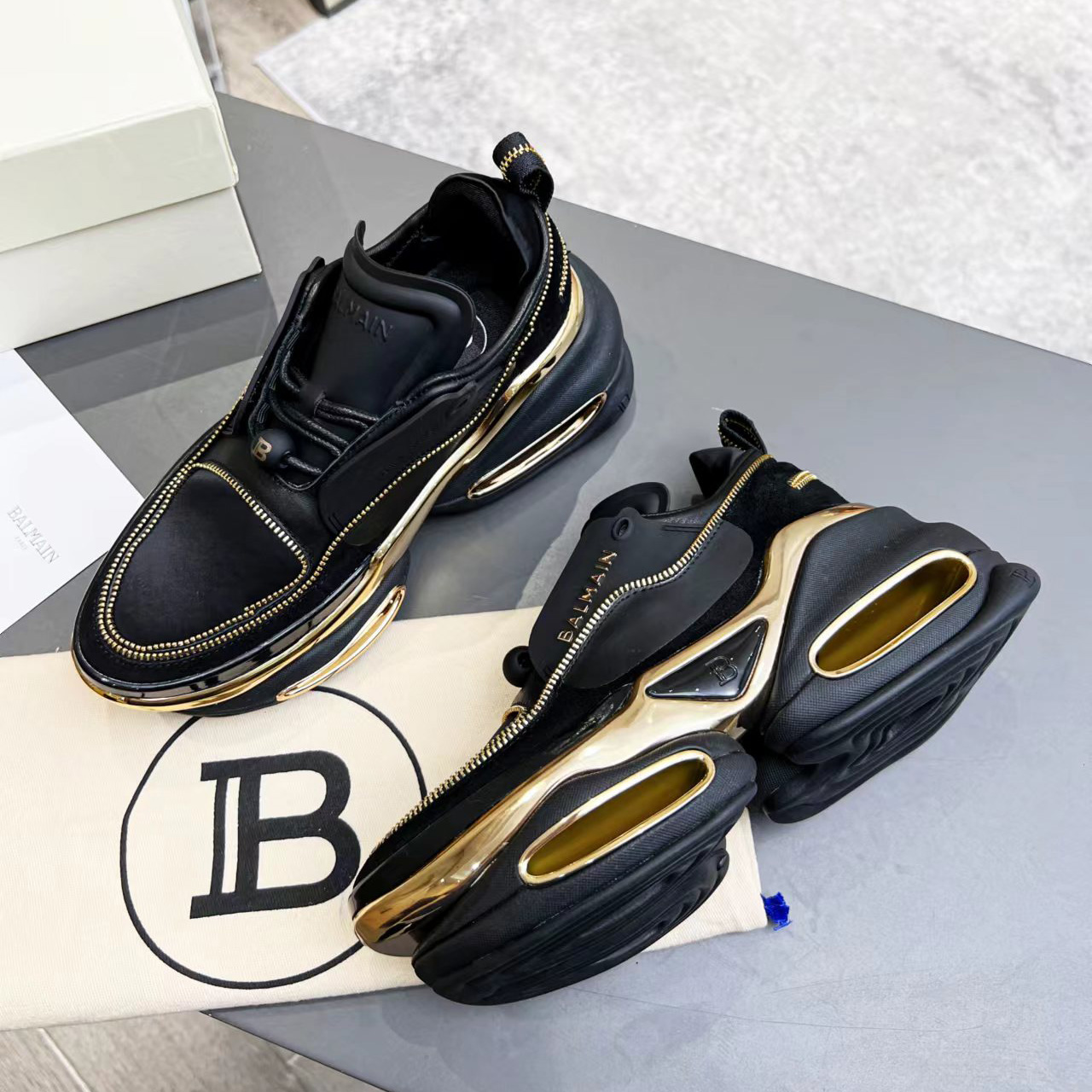 Balmain Leather And Suede B-Bold Low-Top Sneakers - FashionPlug