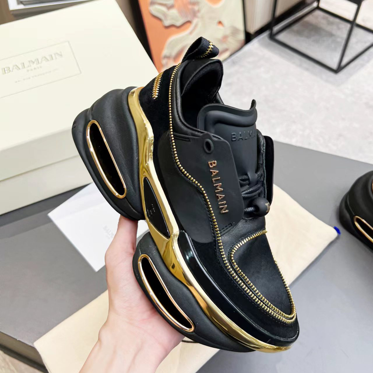 Balmain Leather And Suede B-Bold Low-Top Sneakers - FashionPlug