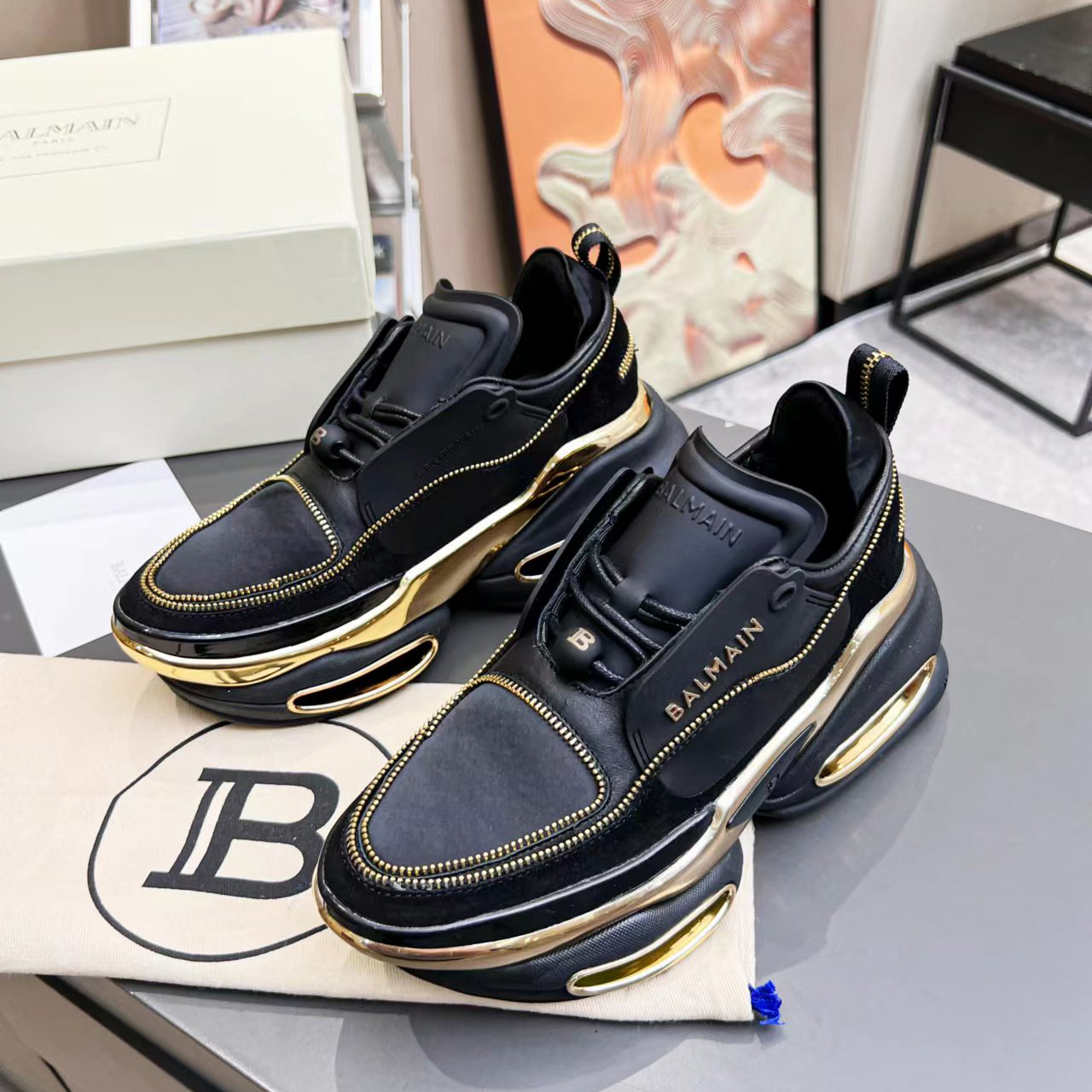 Balmain Leather And Suede B-Bold Low-Top Sneakers - FashionPlug