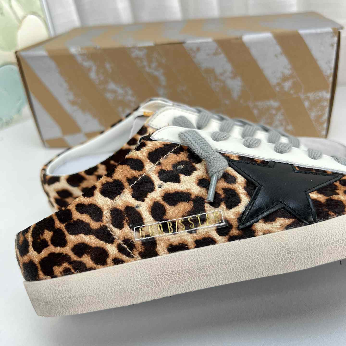 Golden Goose Super-Star Sabots In Leopard-Print Pony Skin With Black Leather Star And Ice-Gray Suede Tongue - FashionPlug