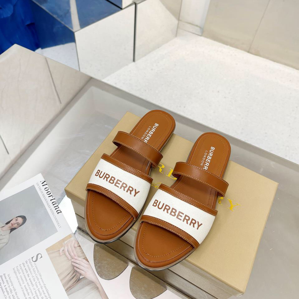 Burberry Logo Print Canvas And Leather Sandals - FashionPlug