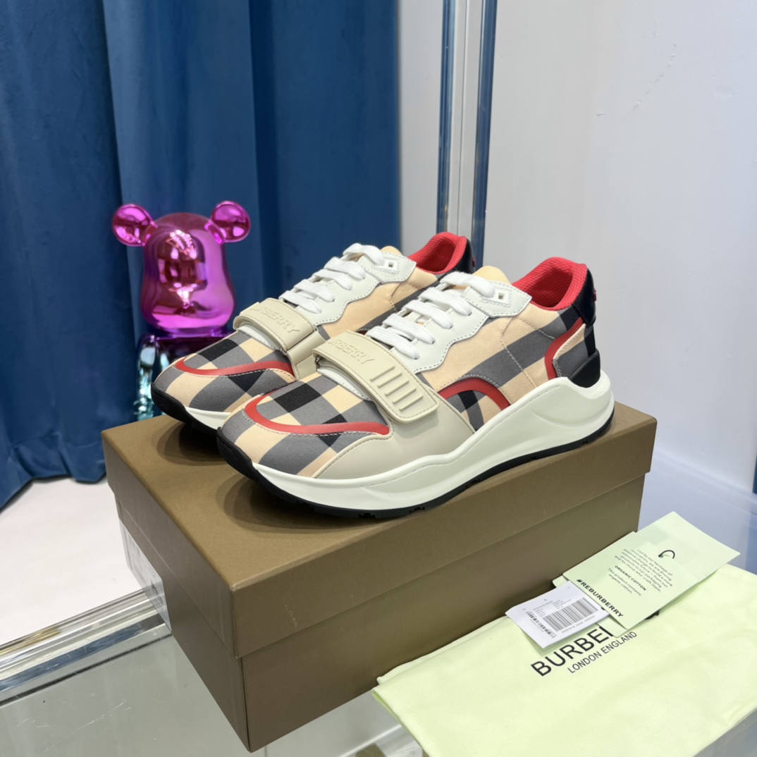 Burberry Check Nylon And Leather Sneakers - FashionPlug
