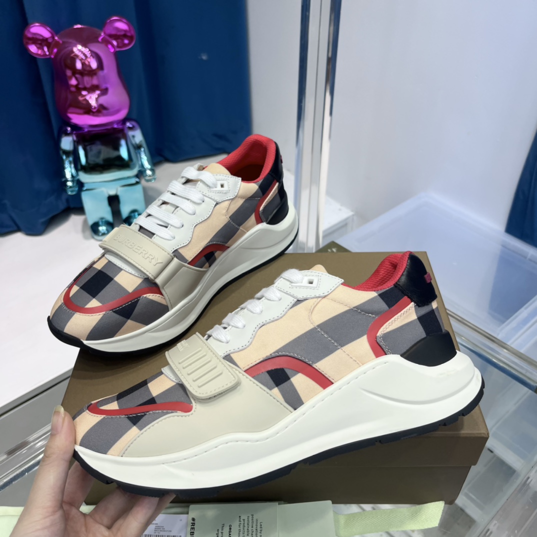 Burberry Check Nylon And Leather Sneakers - FashionPlug