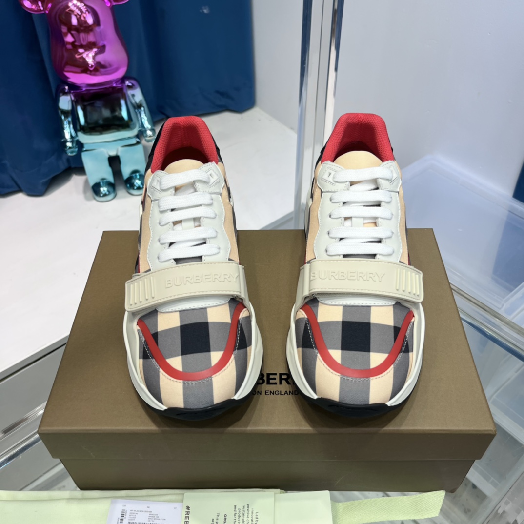 Burberry Check Nylon And Leather Sneakers - FashionPlug