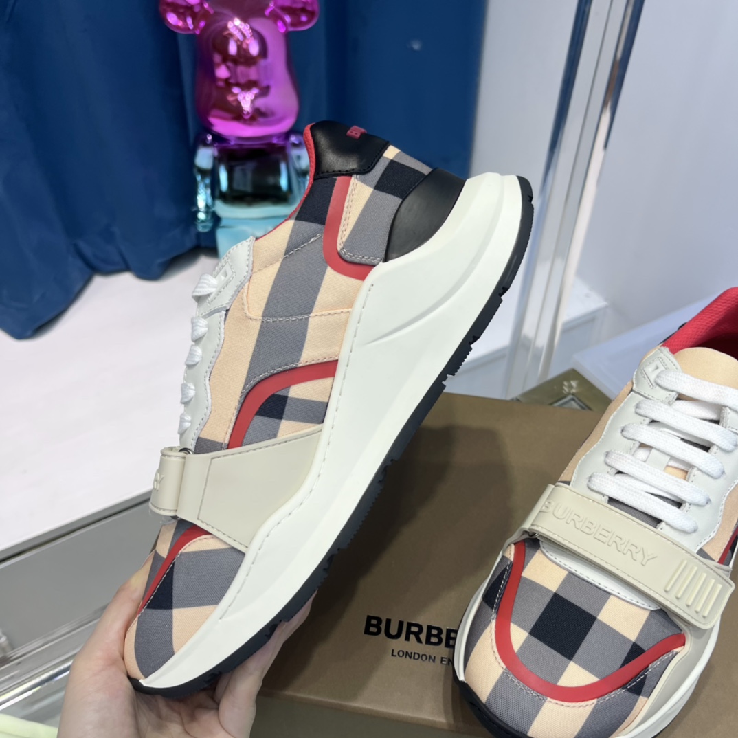 Burberry Check Nylon And Leather Sneakers - FashionPlug