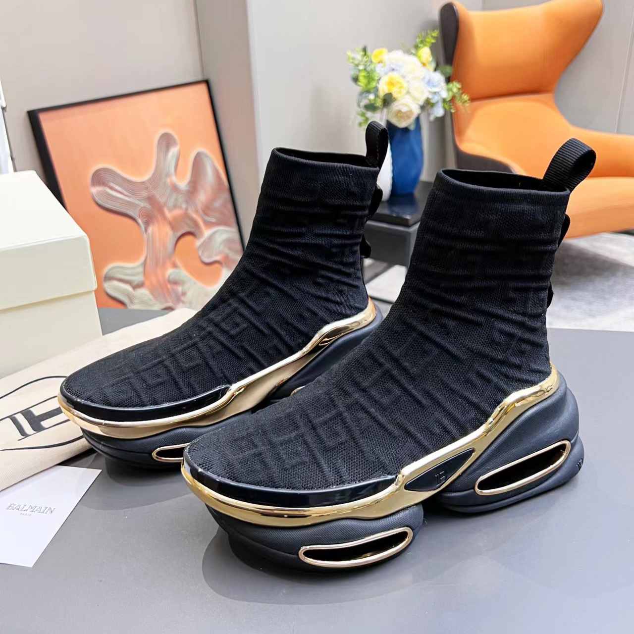 Balmain Kknit And Suede B-Bold High-Top Sneakers - FashionPlug