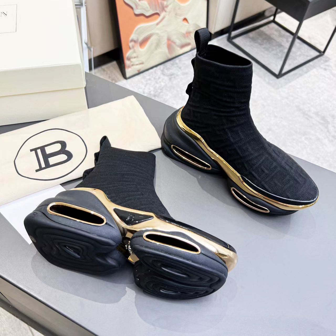 Balmain Kknit And Suede B-Bold High-Top Sneakers - FashionPlug