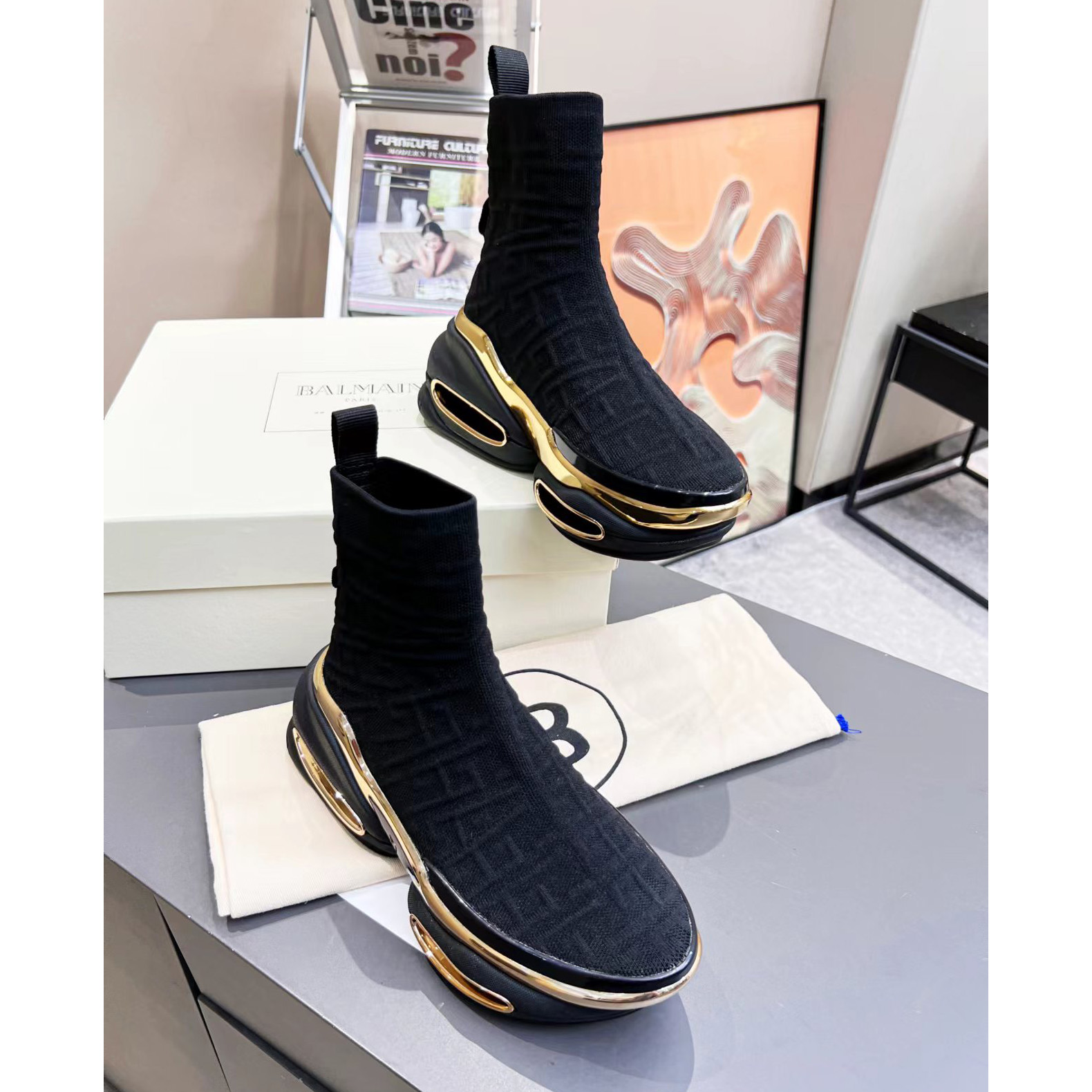 Balmain Kknit And Suede B-Bold High-Top Sneakers - FashionPlug