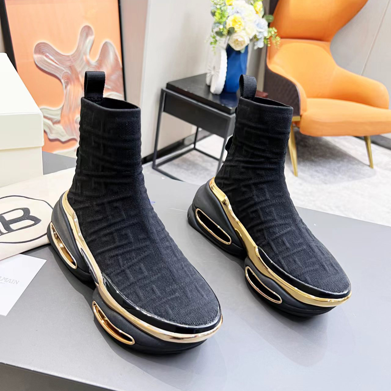 Balmain Kknit And Suede B-Bold High-Top Sneakers - FashionPlug