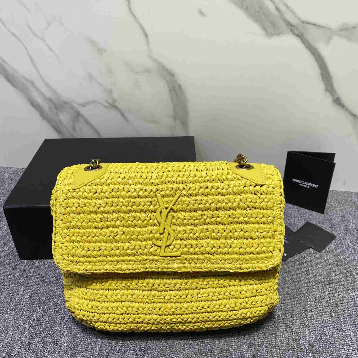 Saint Laurent Niki Medium Chain Bag In Raffia And Leather(28-22-9cm) - FashionPlug