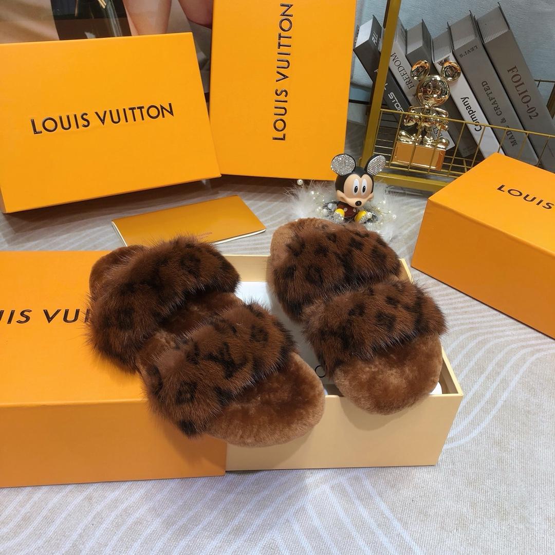 Louis Vuitton Mink Fur Bom Dia Slippers  - FashionPlug