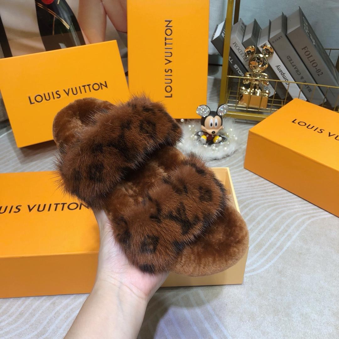 Louis Vuitton Mink Fur Bom Dia Slippers  - FashionPlug