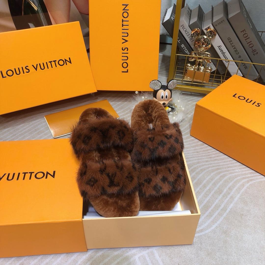 Louis Vuitton Mink Fur Bom Dia Slippers  - FashionPlug