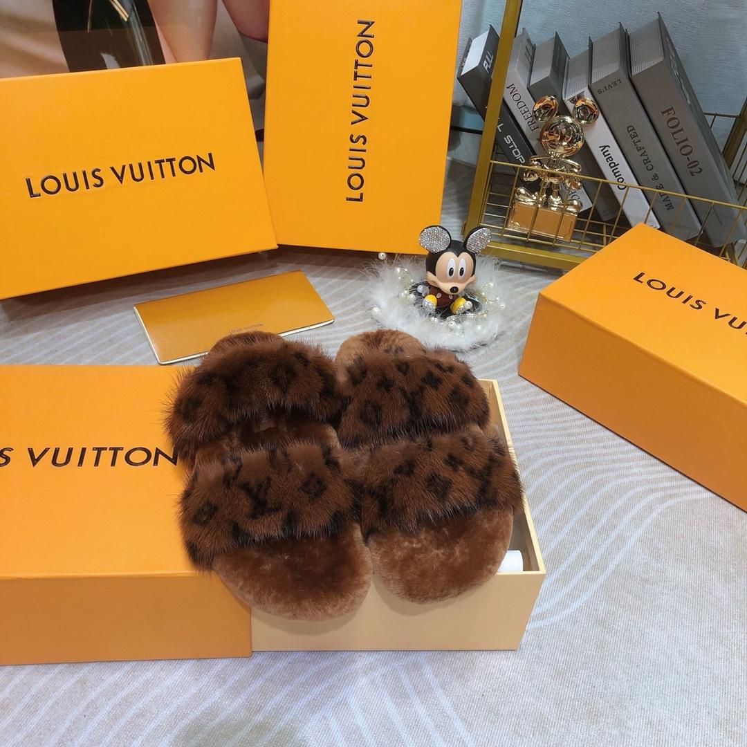 Louis Vuitton Mink Fur Bom Dia Slippers  - FashionPlug