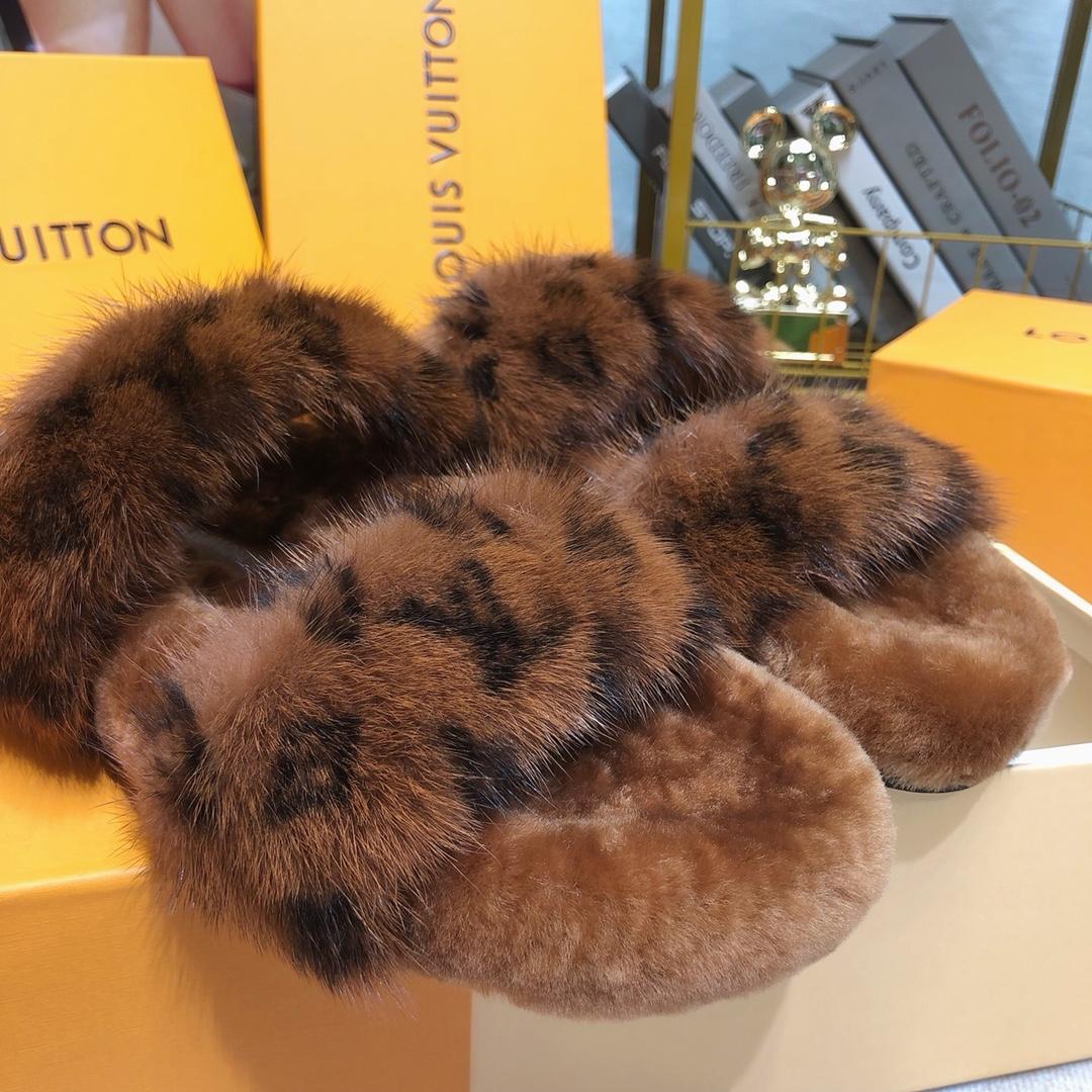 Louis Vuitton Mink Fur Bom Dia Slippers  - FashionPlug