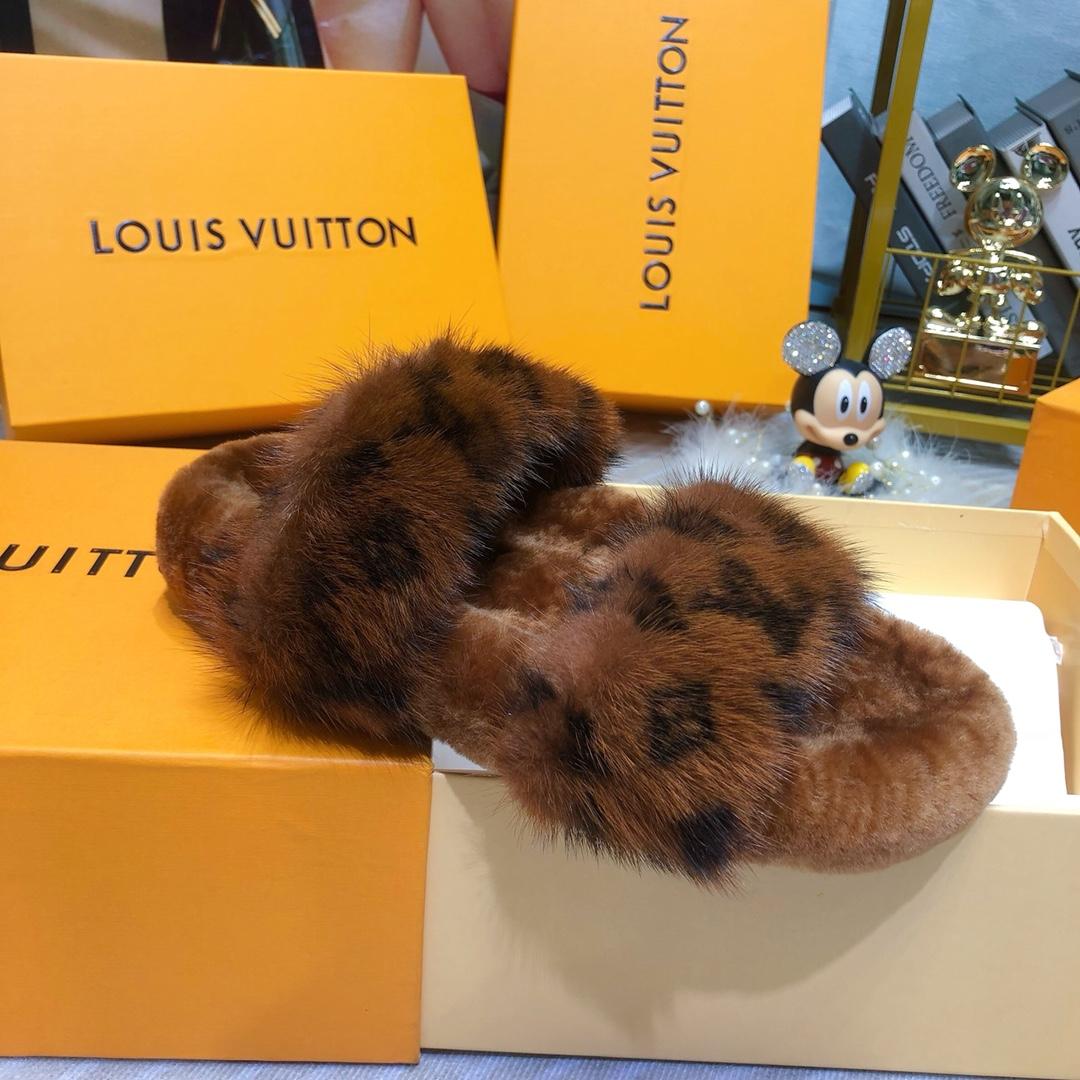 Louis Vuitton Mink Fur Bom Dia Slippers  - FashionPlug