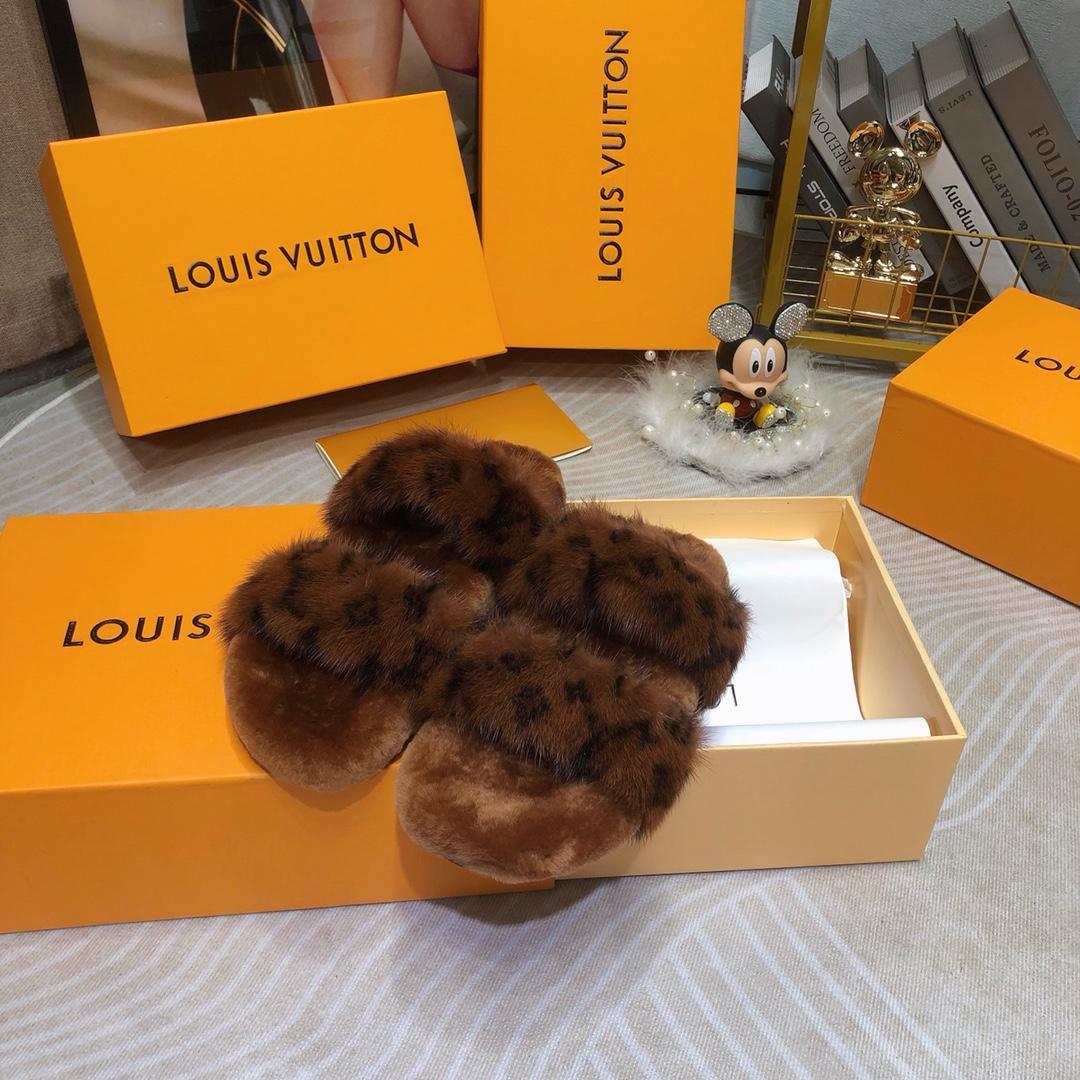 Louis Vuitton Mink Fur Bom Dia Slippers  - FashionPlug