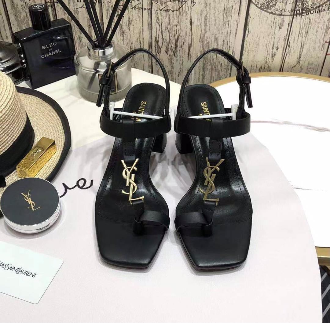 Saint Laurent Cassandra Heeled Sandals In Smooth Leather With Gold-Tone Monogram - FashionPlug