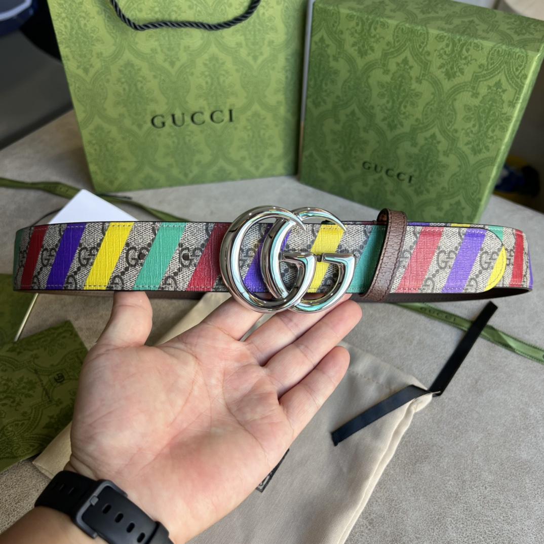 Gucci Striped Belt With Double G - FashionPlug
