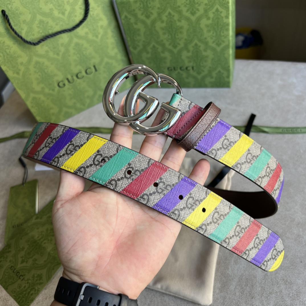 Gucci Striped Belt With Double G - FashionPlug