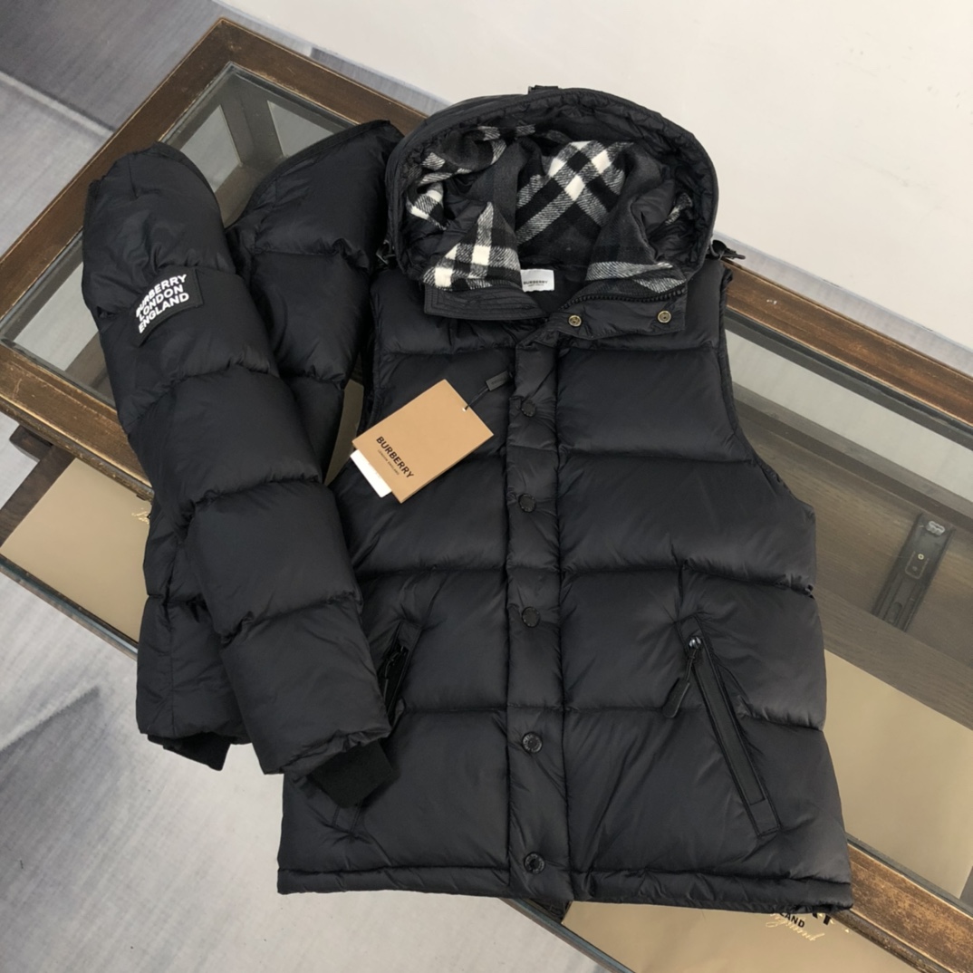 Burberry Hooded Quilted Nylon Down Jacket With Detachable Sleeves - FashionPlug