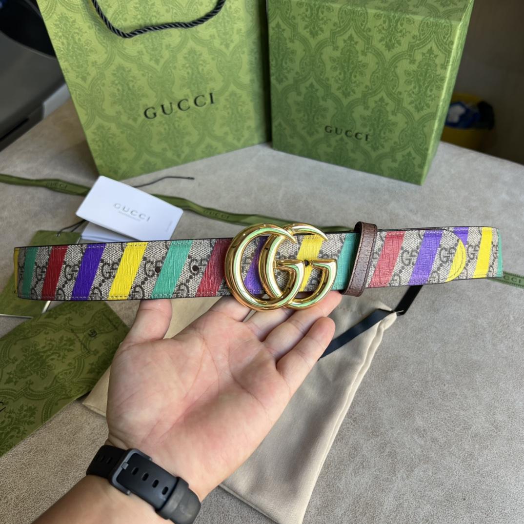 Gucci Striped Belt With Double G - FashionPlug