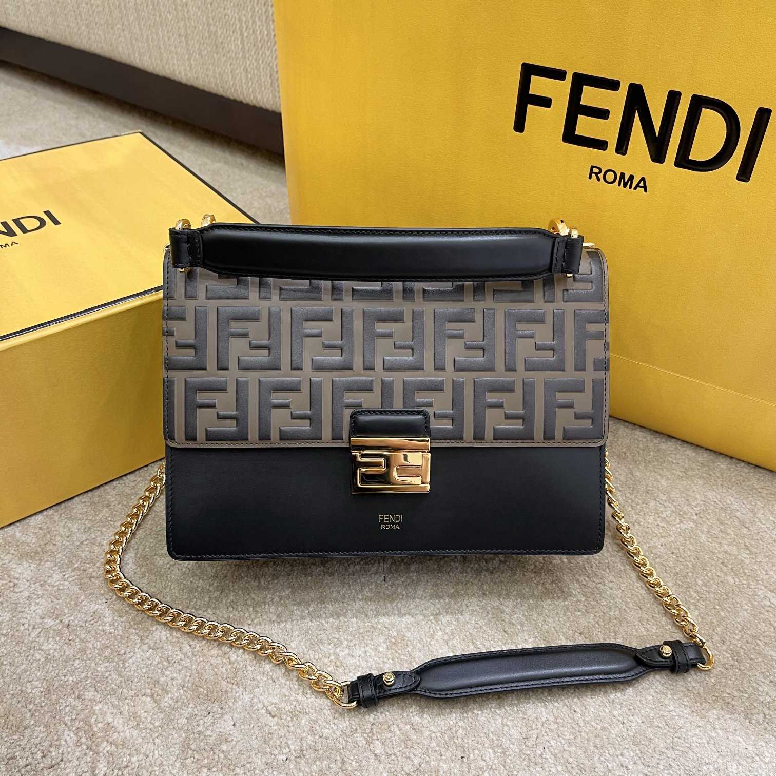 Fendi Kan I Black Leather Bag (25-17-10cm)   - FashionPlug