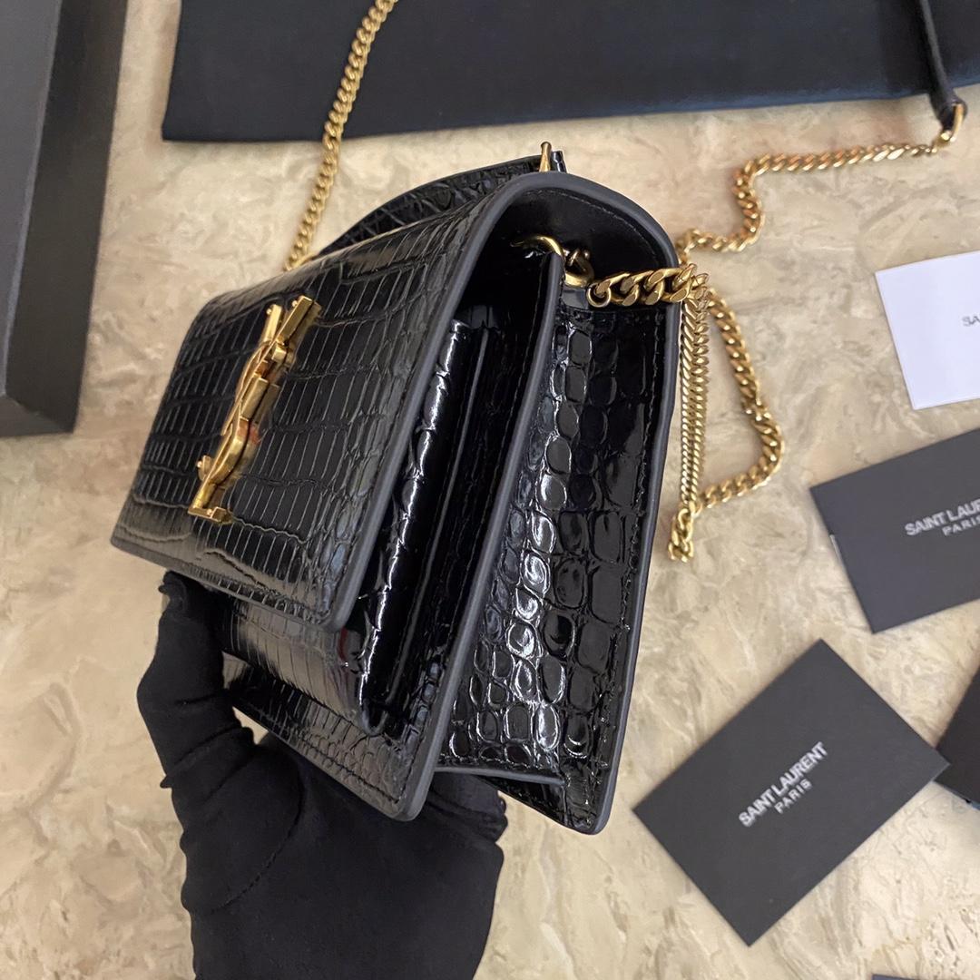 Saint Laurent Sunset Chain Wallet In Crocodile-Embossed Shiny Leather - FashionPlug