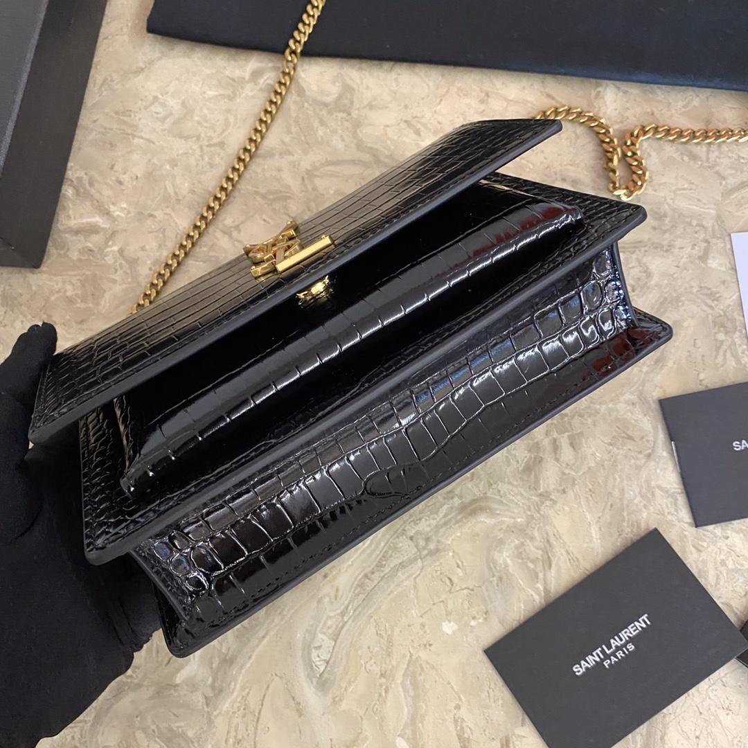 Saint Laurent Sunset Chain Wallet In Crocodile-Embossed Shiny Leather - FashionPlug