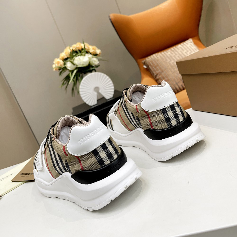Burberry Check Cotton And Leather Sneakers - FashionPlug