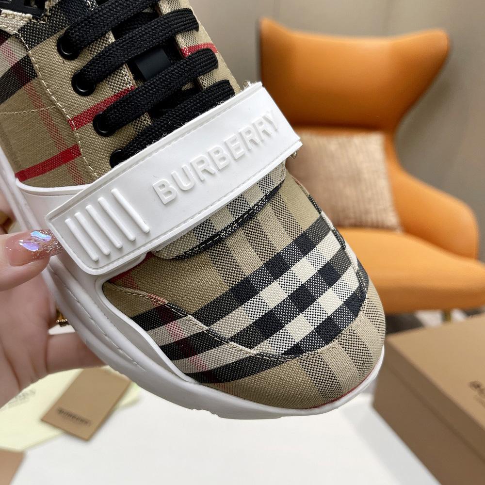 Burberry Check Cotton And Leather Sneakers - FashionPlug