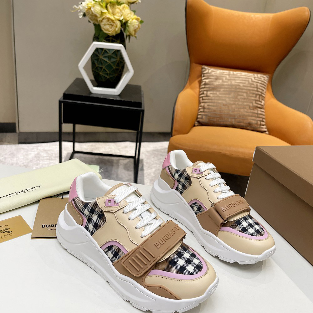 Burberry Check Cotton And Leather Sneakers - FashionPlug
