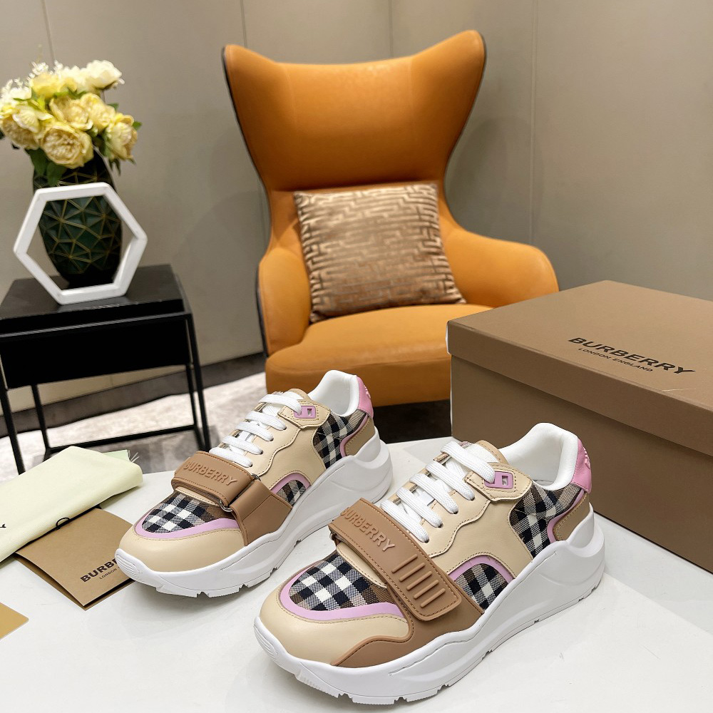 Burberry Check Cotton And Leather Sneakers - FashionPlug
