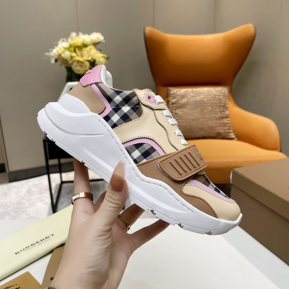 Burberry Check Cotton And Leather Sneakers - FashionPlug