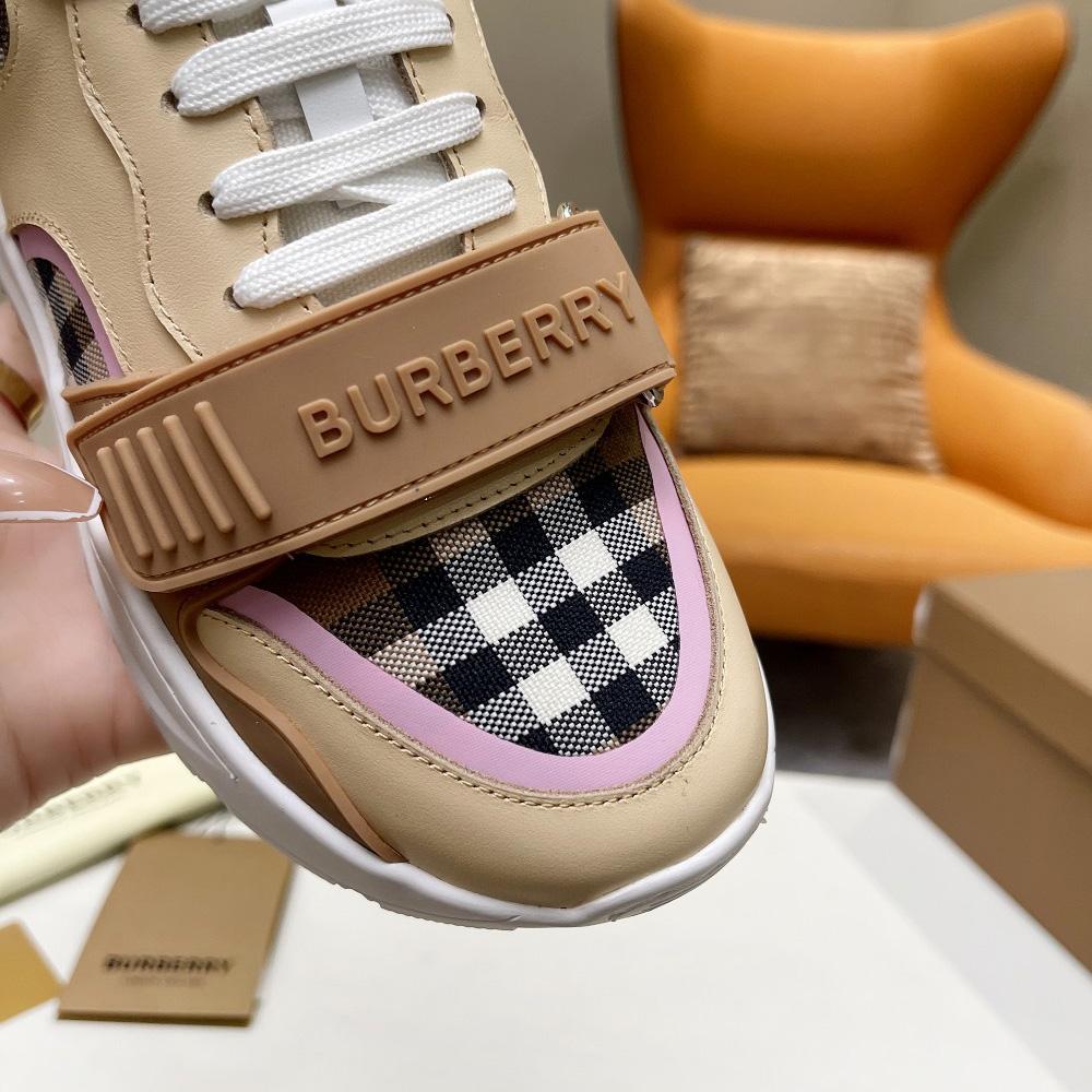 Burberry Check Cotton And Leather Sneakers - FashionPlug