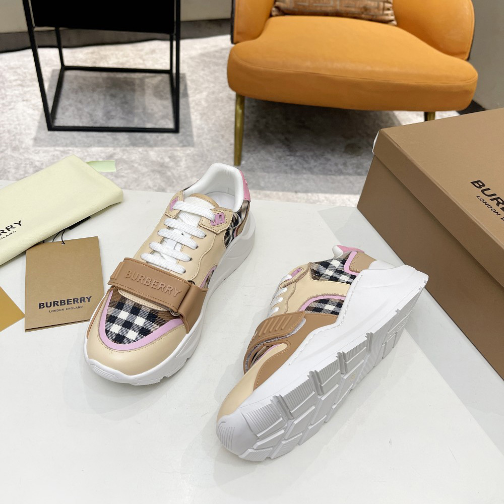 Burberry Check Cotton And Leather Sneakers - FashionPlug