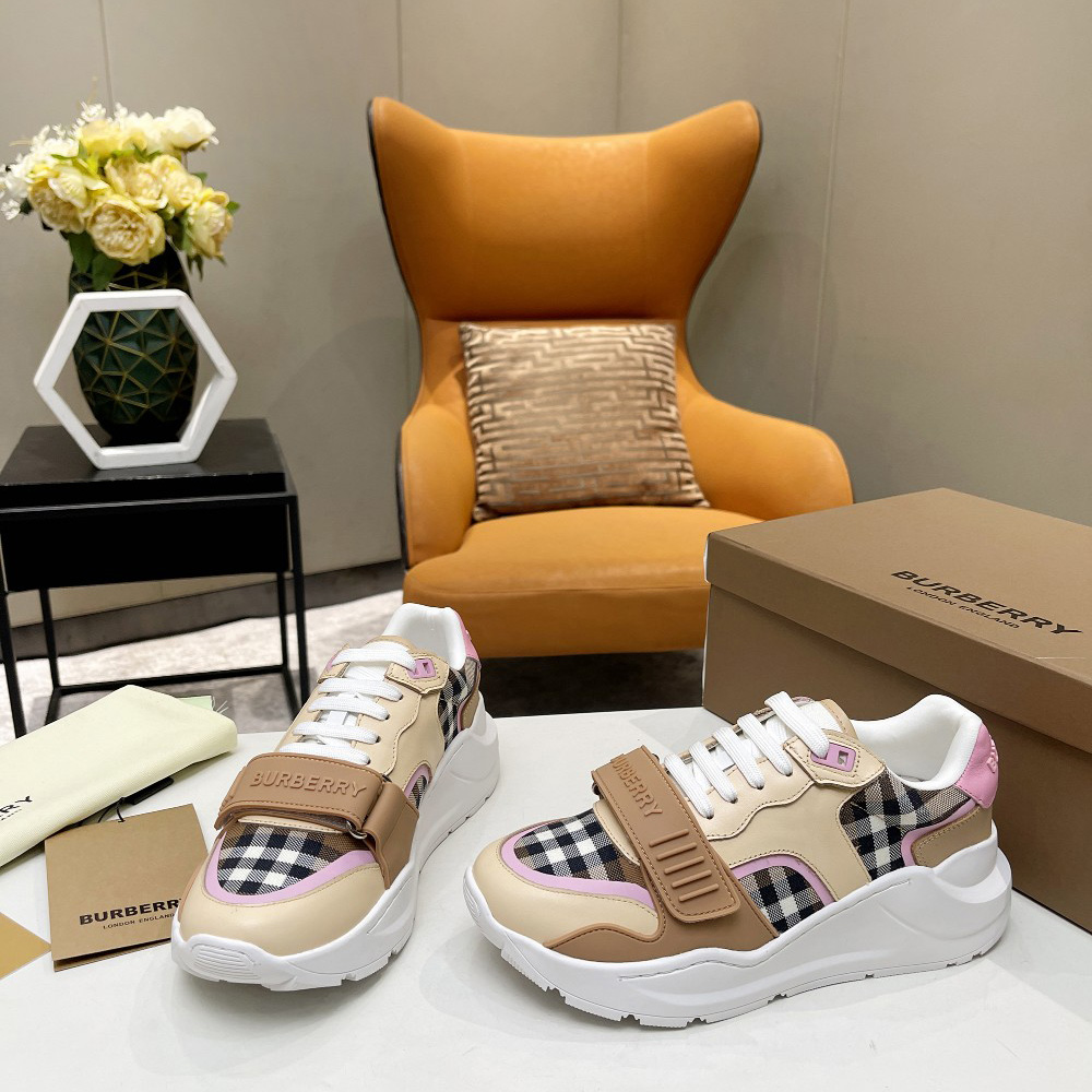 Burberry Check Cotton And Leather Sneakers - FashionPlug