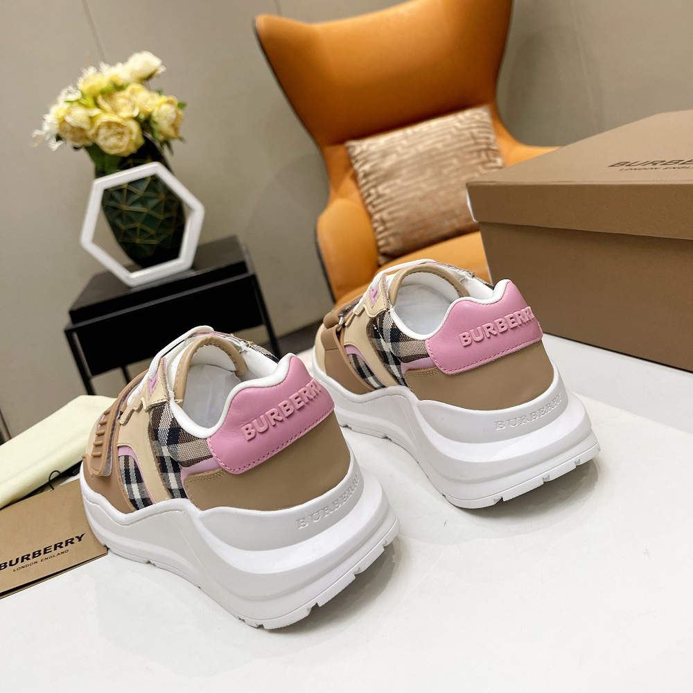 Burberry Check Cotton And Leather Sneakers - FashionPlug