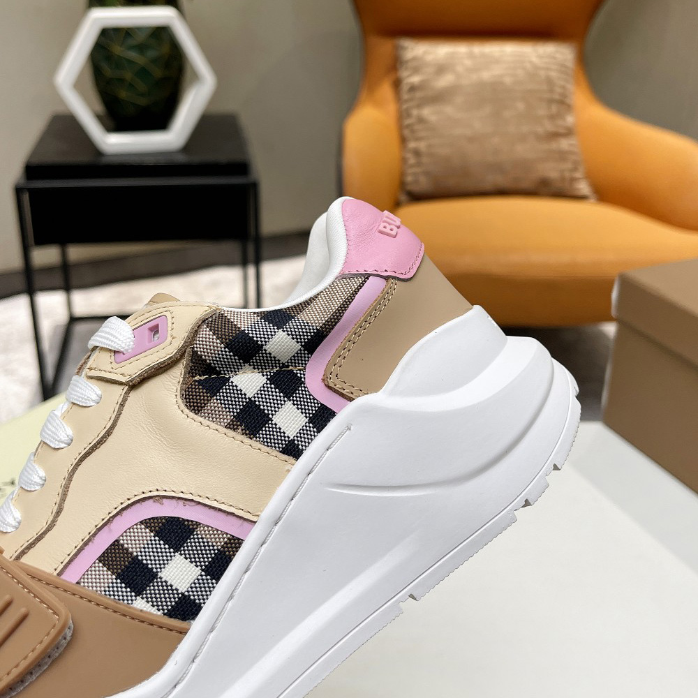Burberry Check Cotton And Leather Sneakers - FashionPlug