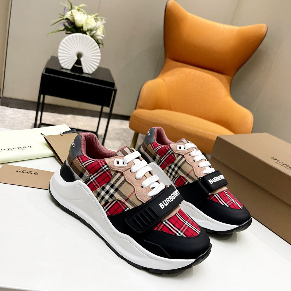 Burberry Vintage Contrast Check And Leather Sneakers - FashionPlug