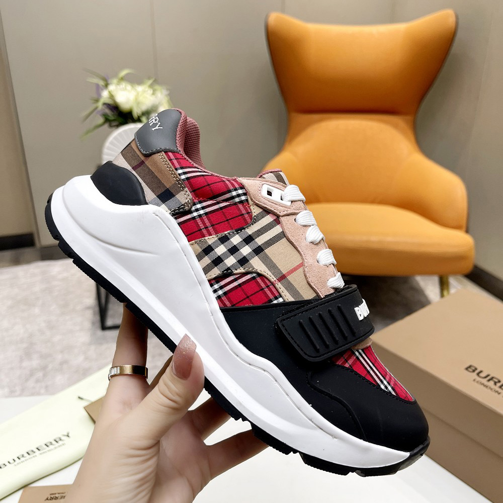 Burberry Vintage Contrast Check And Leather Sneakers - FashionPlug